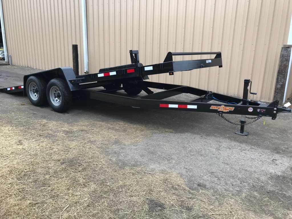 Down 2 Earth 82x20 Tilt Trailer with 2-3500lb axles, treated 2x8 flooring, A-frame jack, 5-foot ramps, 2-foot dovetail, LED lights, and NATM compliant