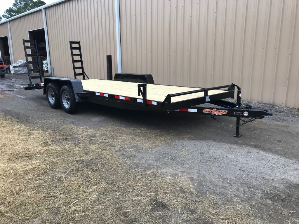 Down 2 Earth 82x20 Equipment Trailer with 2-5200lb axles, treated 2x8 flooring, A-frame jack, 5-foot ramps, 2-foot dovetail, LED lights, and NATM compliant.