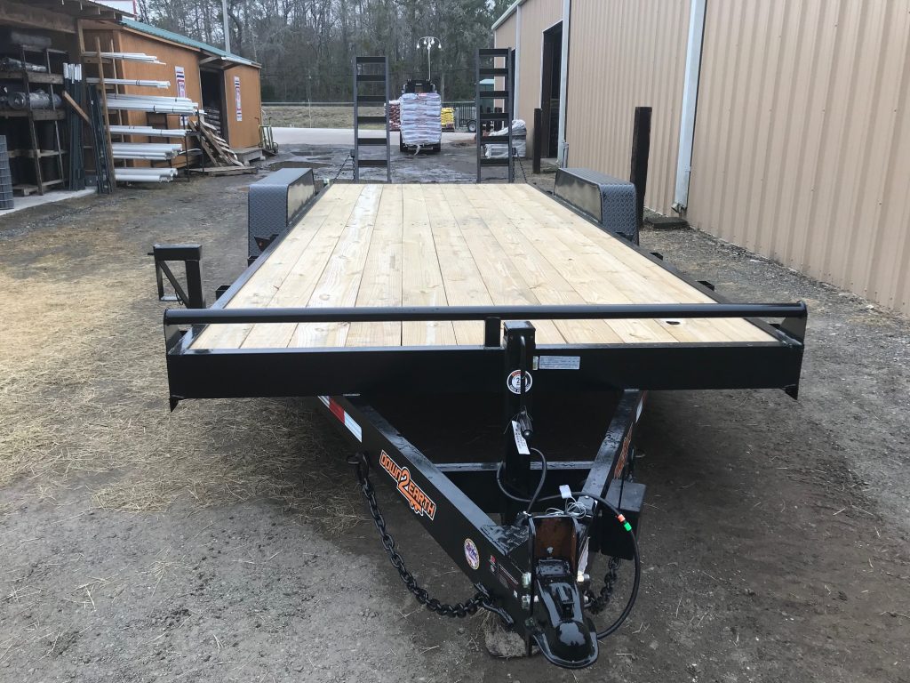 Down 2 Earth 82x20 Equipment Trailer with 2-7000lb axles, treated 2x8 flooring, A-frame jack, 5-foot ramps, 2-foot dovetail, LED lights, and NATM compliant.
