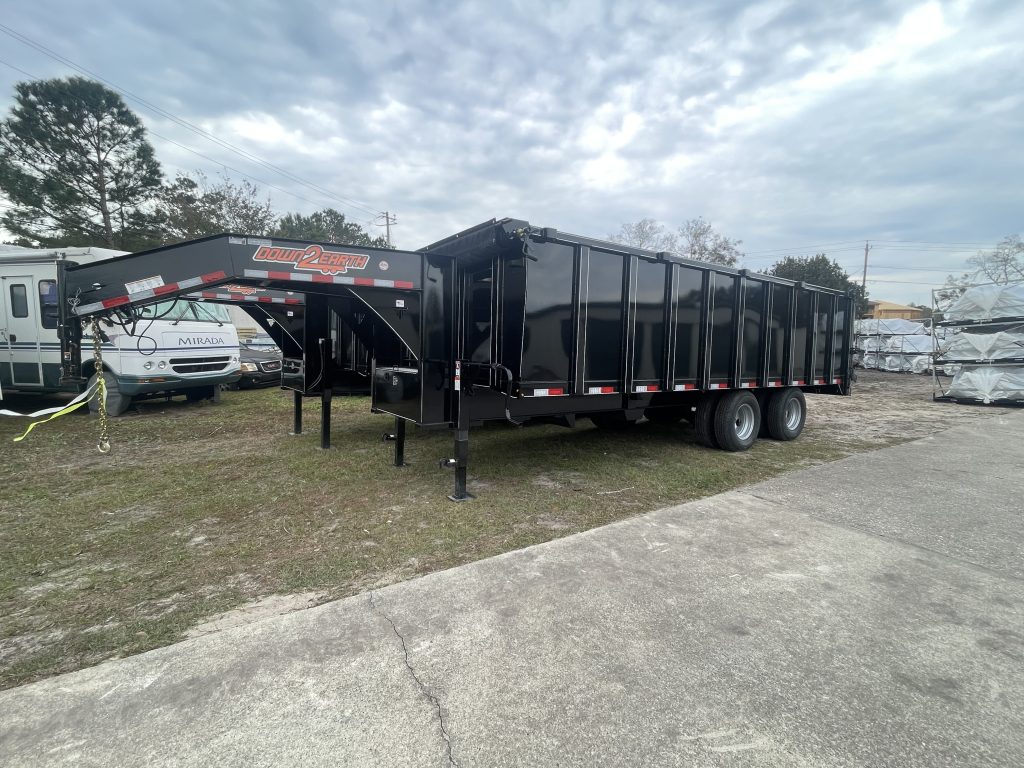 Down 2 Earth 10-ton heavy-duty gooseneck dump trailer with 48-inch steel sides, tandem 10,000 lb axles, electric/hydraulic lift, LED lights, and D-ring tie downs