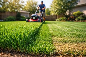Close photo of uneven grass and a man facing with mower lawning it