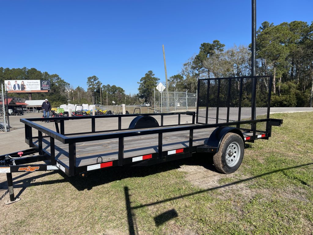 Down 2 Earth 82x14 utility trailer with 3500lb Dexter axle, treated 2x8 flooring, fold-up jack, 48-inch gate, and durable construction for hauling and transport.