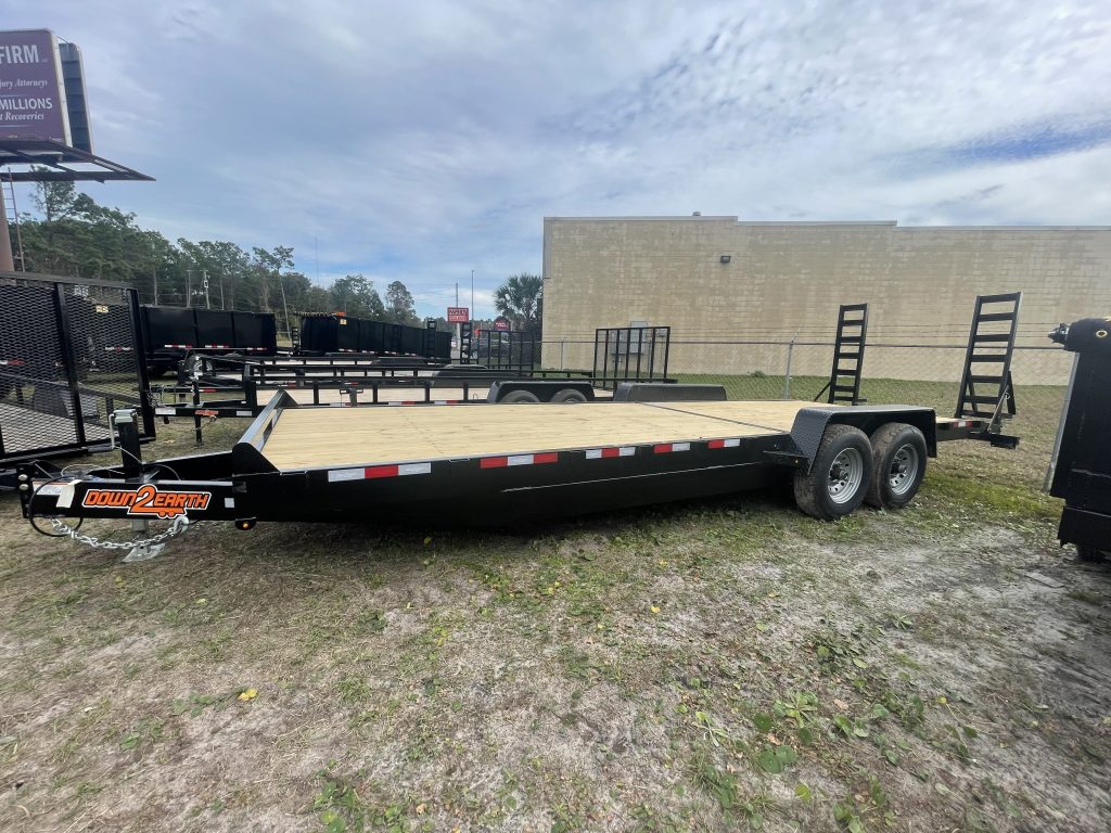 Down 2 Earth 82 inch x 24 foot equipment trailer with 14,000 lb capacity, dual 7000 lb Dexter axles, ramps, stake pockets, and LED lighting