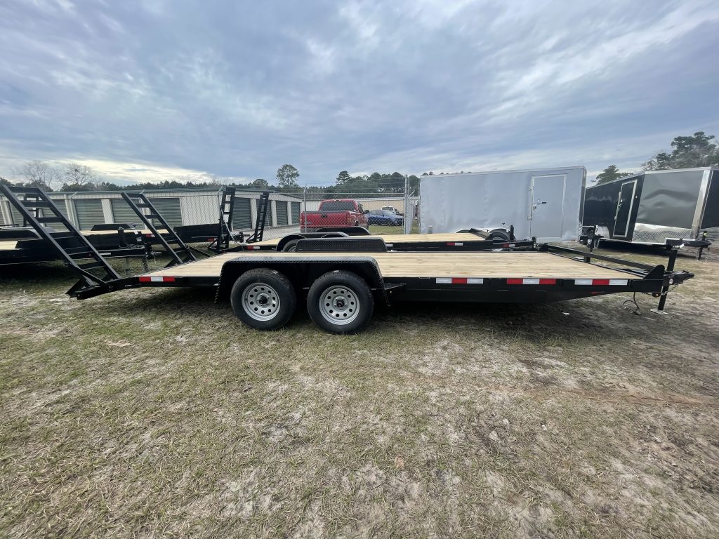 Down 2 Earth 82x20 Equipment Trailer with 7K axles, 15-inch wheels, A-frame jack, treated 2x8 flooring, dovetail ramps, LED lights, and NATM compliant